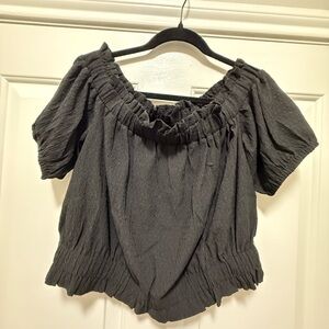 LOFT Smocked Off-Shoulder Cotton Blend Top - Black